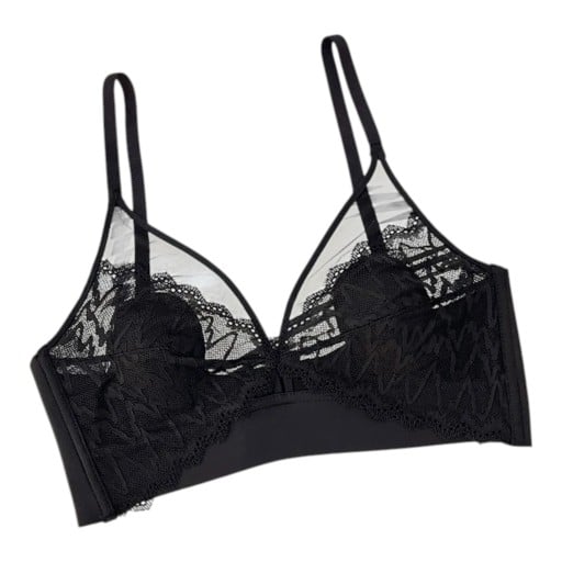 Női csipkés bralette melltartó merevítő nélkül V kivágással és áttetsző hálós résszel széles alsó pánttal és vékony pántokkal
