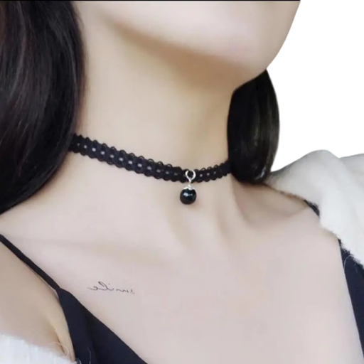 Női csipkés choker golyóval díszített záras nyaklánc rozsdamentes acélból és cinkötvözetből fekete nyakdísz