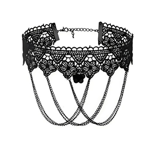 Női csipkés choker láncokkal és középső medállal, 32 + 5 cm záródású nyaklánc, fekete csipke, esti kiegészítő