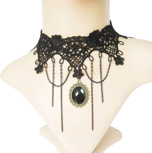 Női csipkés choker láncokkal és medállal, 32 + 5 cm hosszú, nyaklánc, fekete csipke, figyelemfelkeltő kiegészítő esti viselethez