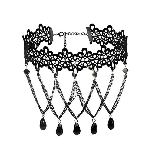 Női csipkés choker lógó láncokkal és csepp alakú medálokkal, 32 + 5 cm-es záródással, nyaklánc, fekete csipke kiegészítő