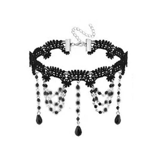Női csipkés choker lógó láncokkal és gyöngyös díszítéssel, 32 + 5 cm-es záródású nyaklánc, fekete csipke kiegészítő