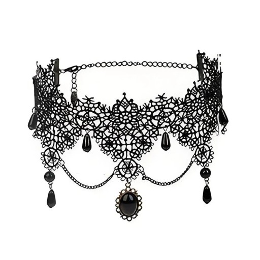 Női csipkés choker medállal és lógó láncokkal, 32 + 5 cm hosszúságú nyaklánc, fekete csipke, elegáns kiegészítő