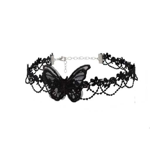 Női csipkés choker nyaklánc pillangó medállal, cinkötvözetből készült, fekete elegáns ékszer nyakra társasági viselethez