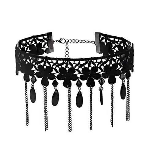 Női csipkés choker virágmintával és lógó láncokkal, 32 + 5 cm hosszúságú, fekete csipke nyaklánc kiegészítő