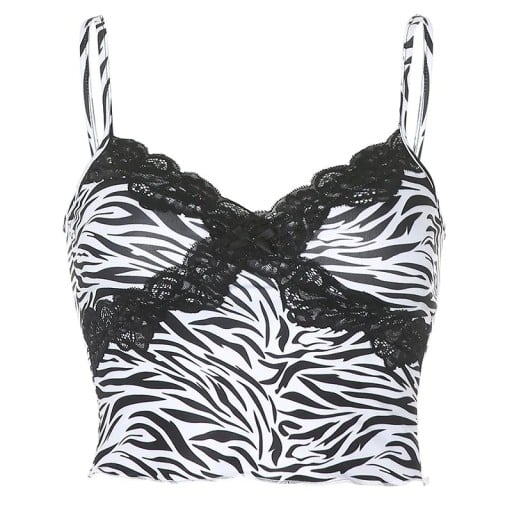 Női csipkés top Crop Top fekete-fehér szegéllyel V-kivágással Vékony pántok Stílusos top poliészter spandex