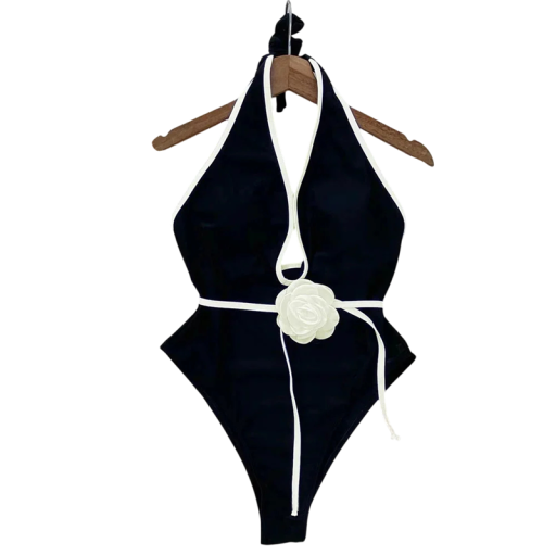 Női egyrészes fürdőruha mélyülő nyakkal, virágdíszítéssel, retro stílusú, nyakkendős, elegáns strandruha