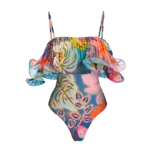 Női egyrészes fürdőruha Vékony pántok O nyakú Mintás fodrokkal Poliészter Spandex Elegáns nyári strandfürdőruha