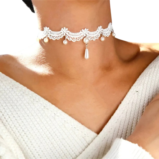 Női fehér choker csipkével és gyöngyfüggőkkel, zárható, elegáns divatkiegészítő ünnepi és mindennapi viseletre
