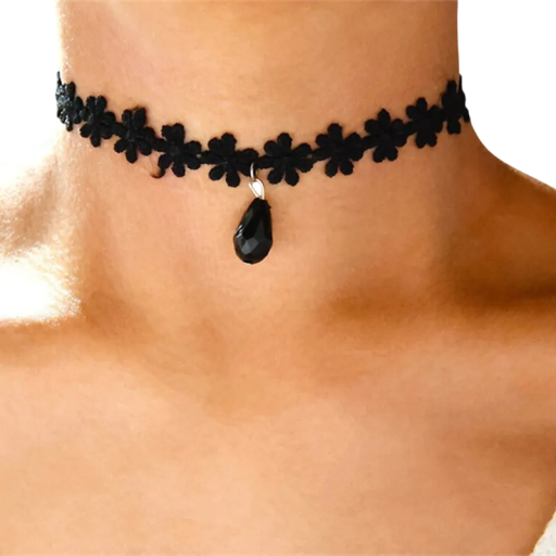 Női fekete choker virágmintával és medállal, csipkés design, záras, elegáns kiegészítő mindennapi és ünnepi viselethez