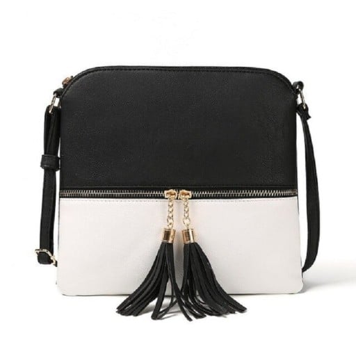 Női fekete-fehér crossbody táska bojtokkal Elől cipzáras zseb Csíkos bélés belső zsebekkel PU bőr és poliészter 25 x 23 x 2 cm
