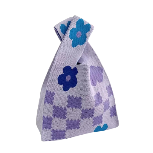 Női kötött táska virágos és kockás mintával 20x35 cm poliészter pamut bélés lila napi használatra