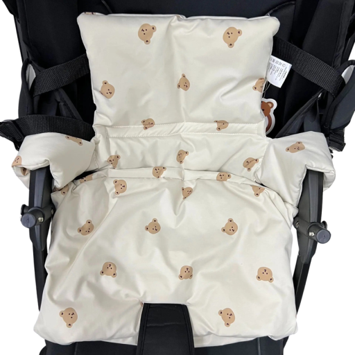 Non-Slip Stroller Cushion Set Seat 40 x 24 x 1 cm and Backrest 35 x 24 x 1 cm Nylon with PP Cotton Bear Motif For Sitting and Transporting
