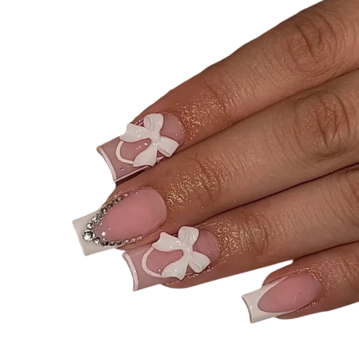Nude Set of Artificial Nails with Square Shape 3D Bows and Gems 12 Sizes Elegant Appearance Glue and File Included 24 pcs