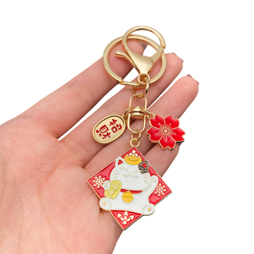 Nyckelring 3 x 9 cm Lyckokatt med blommotiv och text Metallisk talisman Dekoration för handväska Ryggsäck Nycklar Present