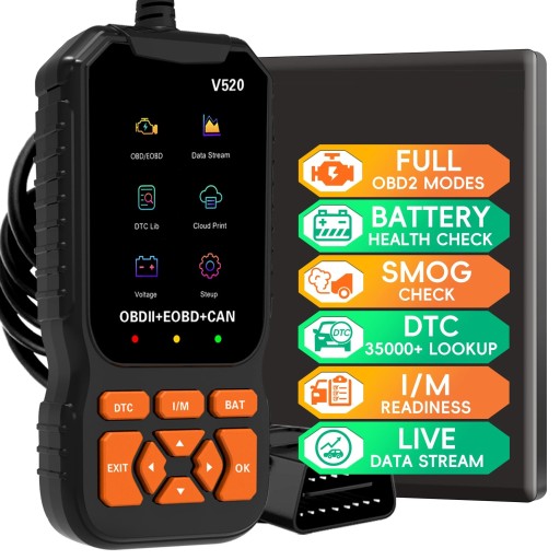 OBD2-felkodsläsare med färgdisplay och batteritest, emissionsberedskapsläge, sparad bild, verkliga data, V520