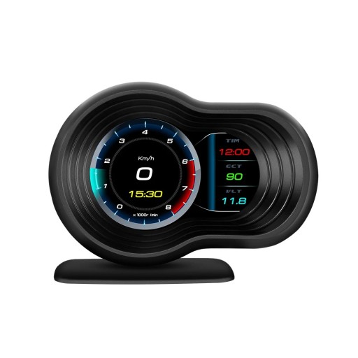 OBD2 HUD F9 Ordenador de a bordo Velocímetro digital Pantalla LCD de 12,2 x 9 cm 9 modos de visualización Temperatura Consumo de combustible Voltaje Alarma Ventosa Soporte