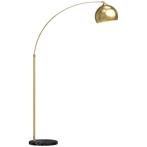 Oblouková stojacia lampa s mramorovým podstavcom, výška 170–180 cm, kov, závit E27 40W, kábel 1,8 m, zlatá, do obývacej izby