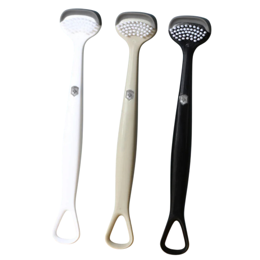 Oboustranná škrabka na jazyk 16 x 3 cm Hygienický čistič jazyka se dvěma typy povrchu a očkem Ergonomická pomůcka pro ústní hygienu
