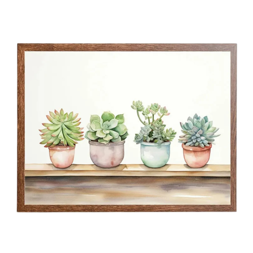 Obrazový plakát na zeď čtyři sukulenty v květináčích 30 × 40 cm tisk na plátno jemné pastelové barvy přírodní dekorace bez rámu