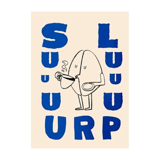 Obrazový plakát na zeď s kresbou kávového zrna a hrnku 40 x 50 cm tisk na plátno béžová modrá stylová dekorace do bytu i kavárny bez rámu