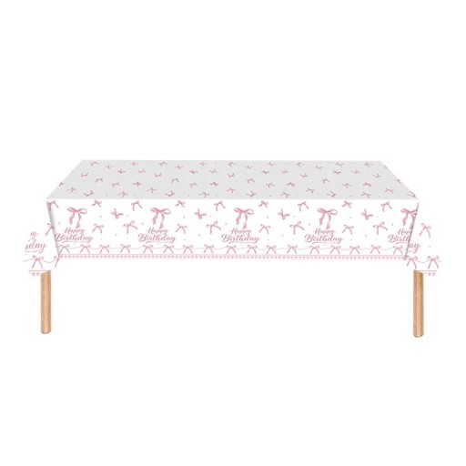 Obrus na stôl 137 x 274 cm Šťastné narodeniny Ružové mašličky Narodeninový party obrus Jednorázová dekorácia stolu na oslavu