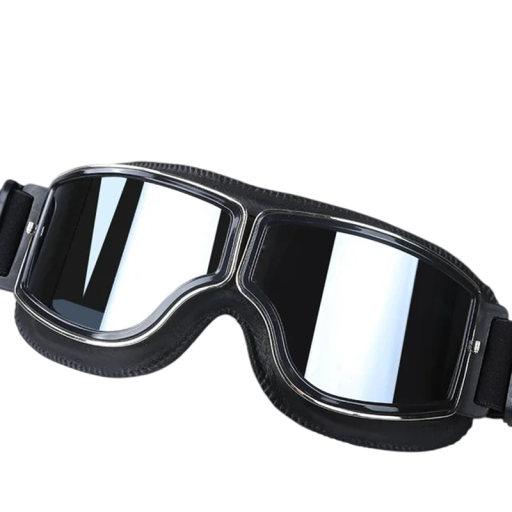 Occhiali da moto retro neri 15 x 5 cm Vetro argentato protezione UV Occhiali da moto PC ABS Pelle artificiale Occhiali protettivi alla moda