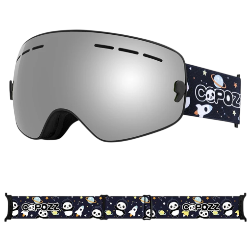 Ochelari de schi pentru copii 15,5 x 8,2 cm UV400 Unisex Policarbonat Antifog Gri cu imprimeu de rachete și panda Etui pentru ochelari