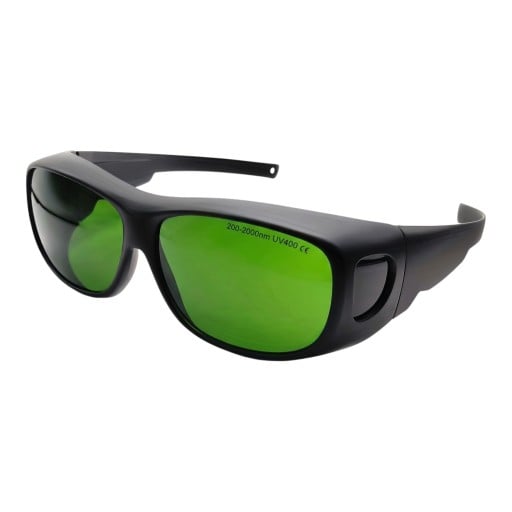 Óculos de proteção contra laser de 200 a 2000 nm com lentes verdes e proteções laterais em armação preta para trabalho com laser e gravura