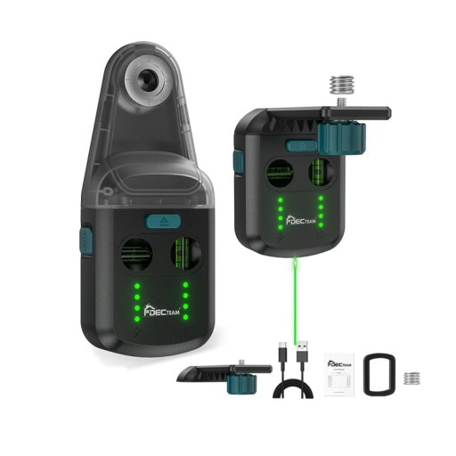 Odsavač prachu při vrtání Decteam PQH05G 3 v 1 Zelená laserová vodováha Přísavka na stěnu Baterie 3,7 V 1800 mAh USB-C Černo-tyrkysová