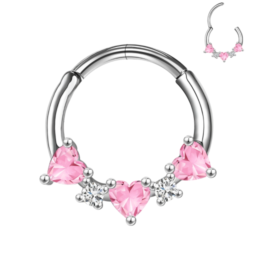 Okrągły srebrny piercing 3 różowe serca i srebrne detale 10 x 1,2 mm Z stali nierdzewnej Elegancka biżuteria do codziennego noszenia