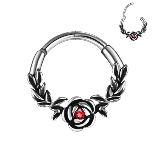 Okrągły srebrny piercing róża z liśćmi Czarne detale 10 x 1,2 mm Z stali nierdzewnej Elegancka biżuteria do codziennego noszenia