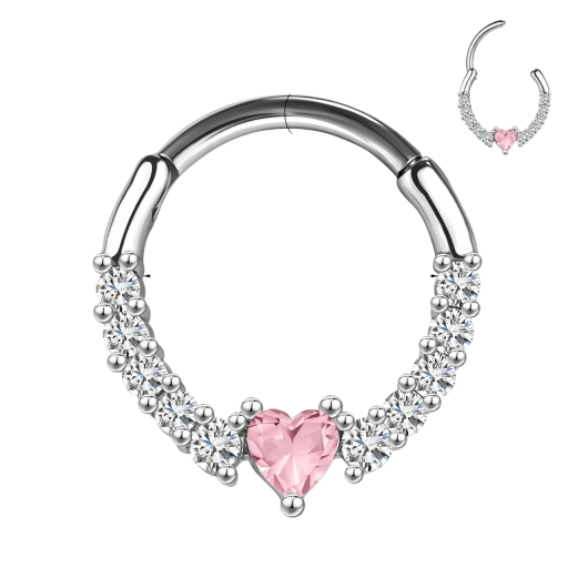 Okrągły srebrny piercing różowe serce i srebrne detale 10 x 1,2 mm Z stali nierdzewnej Elegancka biżuteria do codziennego noszenia