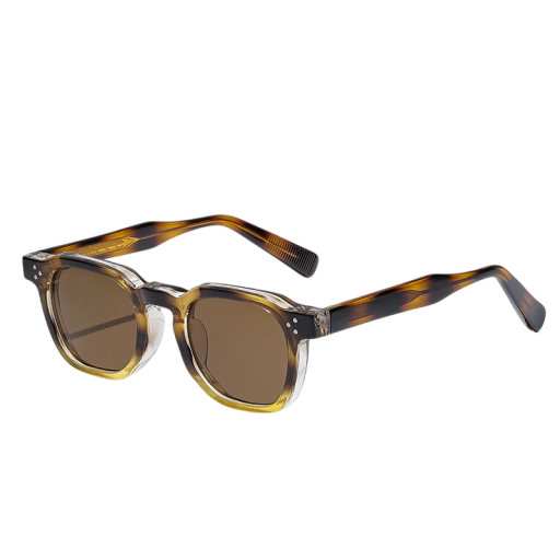 Okulary przeciwsłoneczne unisex w kwadratowym designie Ochrona UV400 Szerokość 144 mm i soczewka 47 mm Plastikowy oprawka w deseń żółwiowy oraz brązowe soczewki Na podróż