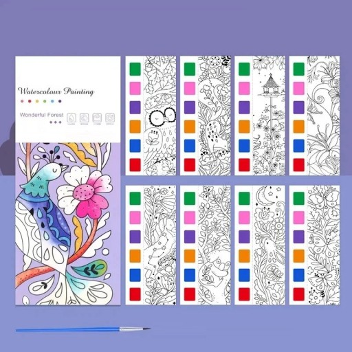Omalovanky ad acqua per bambini Motivi forestali 12 fogli 18,7 x 8 cm colorazione ad acquerello con palette e pennello per disegnare