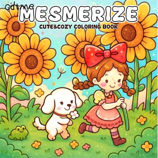 Omalovánky Mesmerize s motívom slnečníc a roztomilých postáv 20 × 20 cm 24 strán jednoduché kresby pre deti aj dospelých