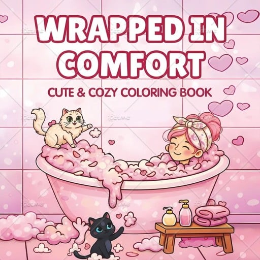 Omalovánky Wrapped in Comfort a házi kényelem 20 × 20 cm 24 oldal egyszerű rajzok gyerekeknek és felnőtteknek pihentető színezés