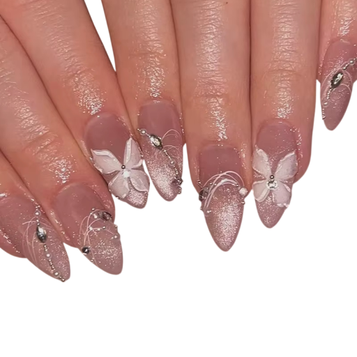 Ongles acryliques scintillants en forme d'amande Taille moyenne 24 pièces Ongles artificiels 3D autocollants pour manucure à domicile