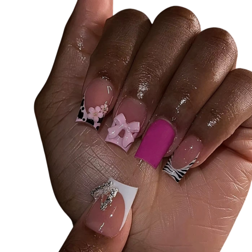 Ongles en plastique français 24 pcs Taille moyenne Forme carrée Conseils adhésifs en acrylique pleine couverture avec nœuds 3D