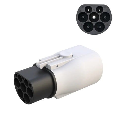 Oplaadadapter Type 2 naar GB/T 22 kW 32A 3P driefasig AC wit zwart voor aansluiting van een elektrische auto op een oplaadstation