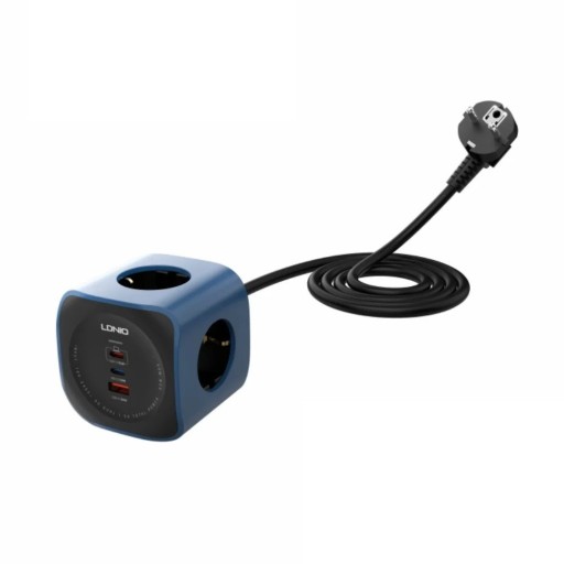 Oplaadblok met 3 EU-stopcontacten en 2× USB-C + USB 2 m kabel 2500 W 10 A blauwe multifunctionele verlengkabel voor thuis en op kantoor