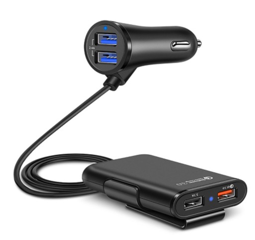 Oplader til bil med 4 USB-porte og klip til sædet Hurtig opladning QC 3.0 Indgang 12 til 24 V til personbiler og lastbiler Kabel 1,7 m Sort