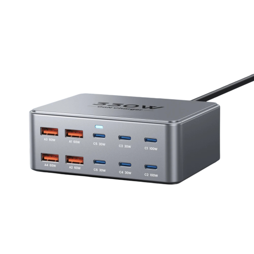 Opladerstation 330W 10 USB-porte 6x USB-C 4x USB-A hurtig opladning grå til telefoner bærbare computere og andre enheder