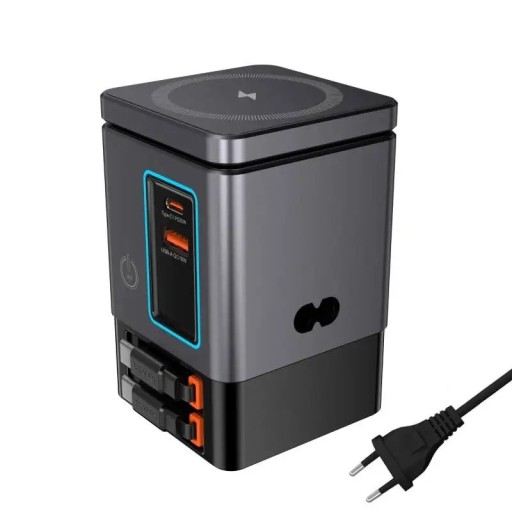 Opladerstation 6v1 105W med 2x udtrækkelige USB-C kabler trådløs 10W USB-C USB-A sort bordmodel til flere enheder