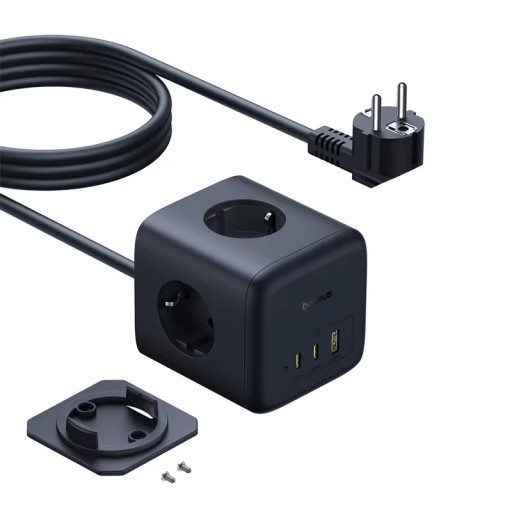 Opladerstation blok 67W EU 220V 3x stik 2x USB-C 1x USB-A sort kompakt bordmodel til mobil bærbar hjem