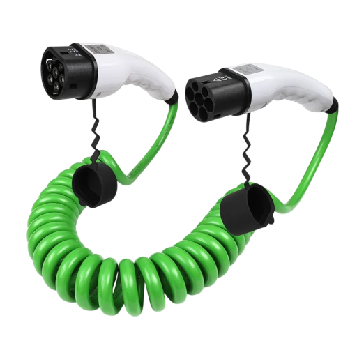 Opladnings spiralformet kabel type 2 til elbil 22 kW 32 A trefaset længde 5 m grøn udendørs bærbar til ladestation