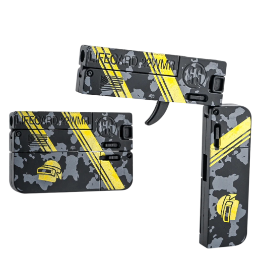 Opvouwbaar pistool voor zachte kogels 11,5 x 11 cm uitgeklapt 8,5 x 1,3 x 5,5 cm ingeklapt Plastic zwart-geel kinderspeelgoed