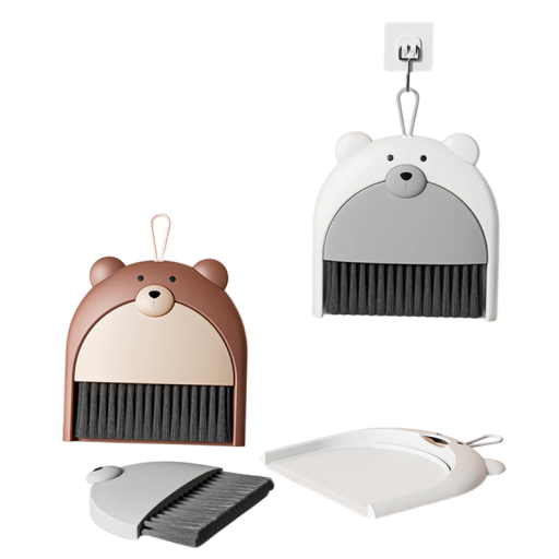 Opvouwbare bezem- en stofferset met teddybeermotief 16 x 16 cm Kleine stoffer en blik voor kruimels Praktische schoonmaaktools voor in huis