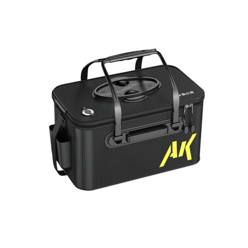 Opvouwbare vissersemmer 30 l versterkt EVA 45 × 27 × 25 cm zwart met deksel, netopening en zakken voor levende vissen en water