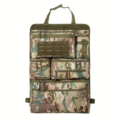 Organisateur tactique pour dossier de siège auto avec motif camouflage plusieurs poches et panneau pour écussons en polyester pliable suspendu au repose-tête
